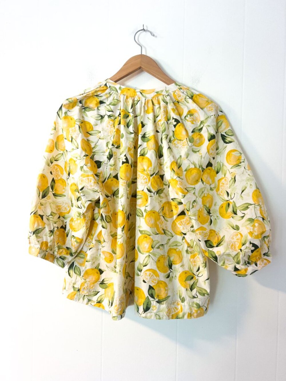 H&M Lemon Print Cotton Blouse Top Yellow White Puff Sleeve Button Front size M - Picture 7 of 12